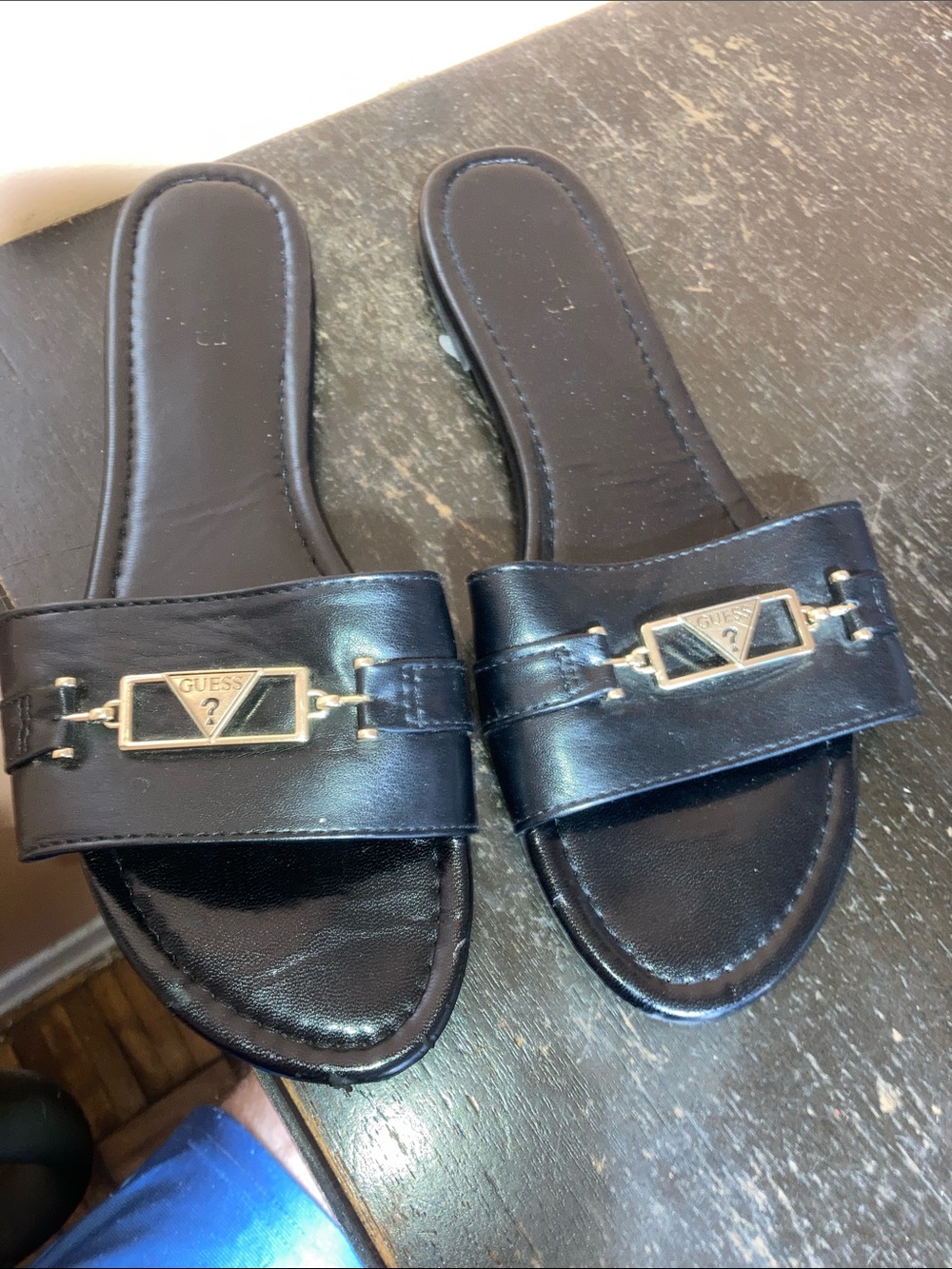 GUESS Black Slide Sandals with Gold Accent
